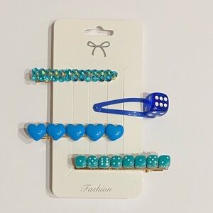 Y2K Blue Dice & Heart Hair Clip Set – 4pc